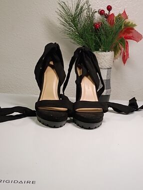 Wild Diva Black Lace-Up Platform Heels with Wrap Ties